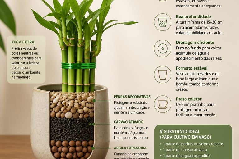 Vaso para cultivo de Bambu da Sorte, com substrato visível e detalhes do design do vaso.