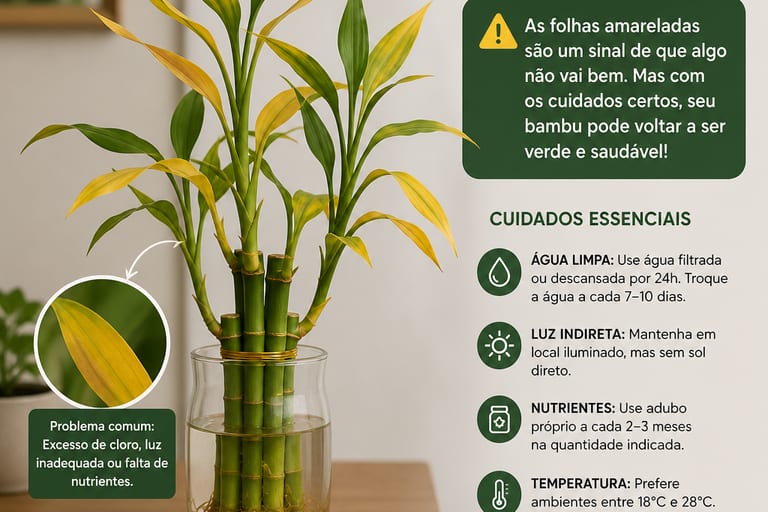 Planta de bambu da sorte com folhas amareladas, evidenciando problemas de cuidados.