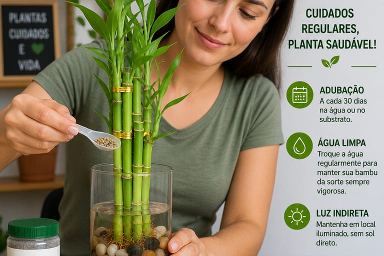 Pessoa realizando a adubação de uma planta de bambu da sorte.