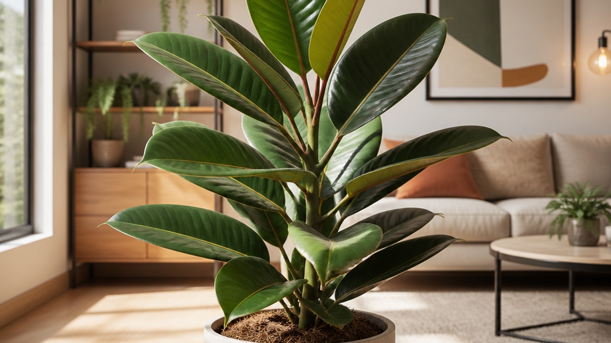 Ficus Elastica com folhas brilhantes em um espaço de apartamento bem decorado e iluminado.