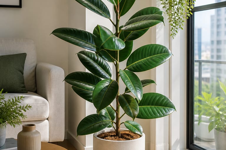 Ficus Elastica recebendo luz indireta em um apartamento, com folhas saudáveis e brilhantes.