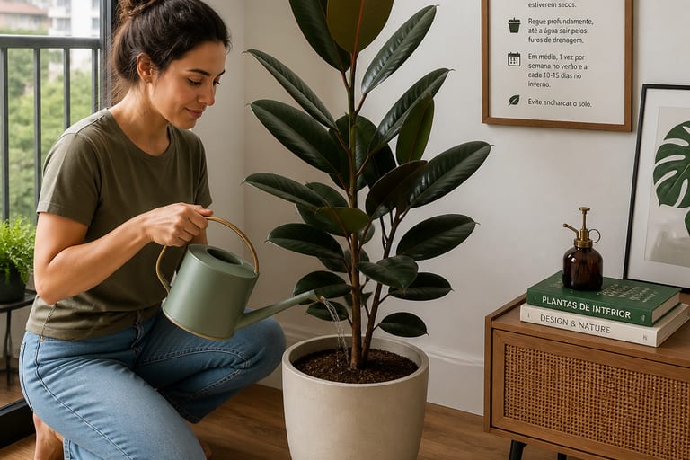 Pessoa regando um Ficus Elastica com um regador em um ambiente de apartamento.