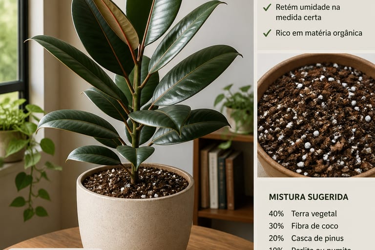 Ficus Elastica em vaso com substrato drenado, mostrando planta verde e saudável.
