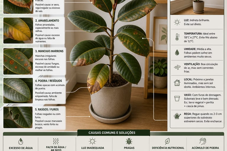 Imagem mostrando folhas do Ficus Elastica com problemas em um ambiente de cultivo, para identificação de cuidados necessários.
