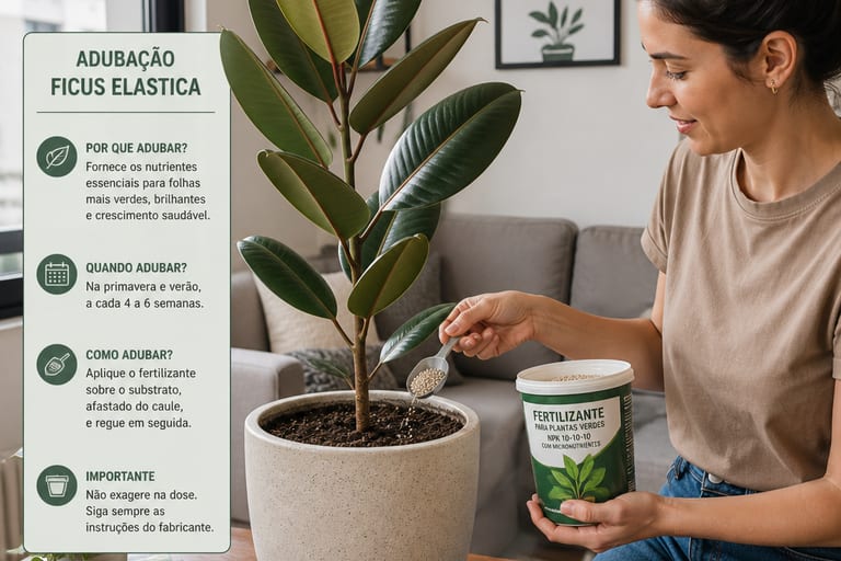 Pessoa aplicando fertilizante em um Ficus Elastica em um apartamento.