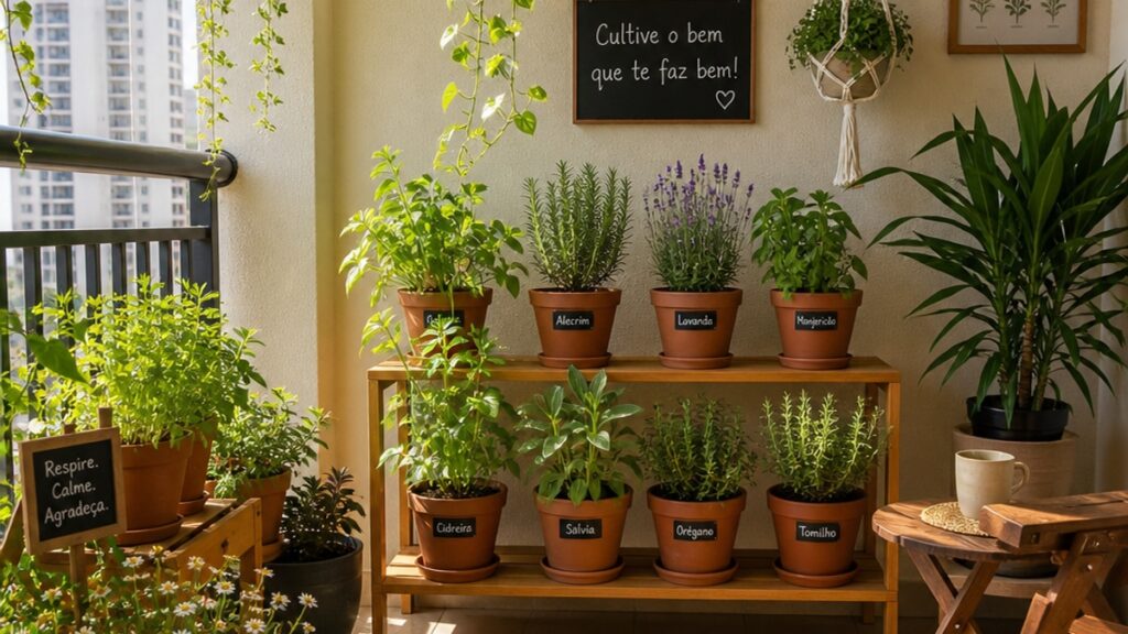Pequeno jardim de ervas medicinais em um apartamento, com luz natural iluminando diferentes tipos de plantas em vasos.