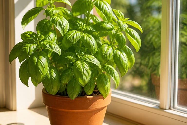Planta de erva com folhas verdes e saudáveis recebendo luz solar em uma janela.
