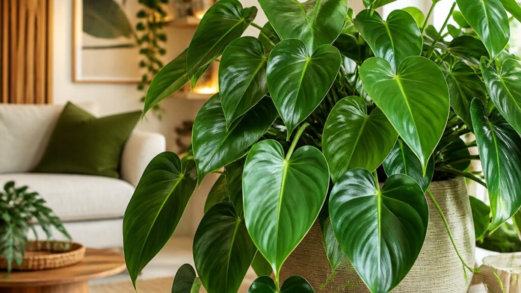 Filodendro com folhagem verde em um espaço bem decorado e iluminado, em orientação horizontal.