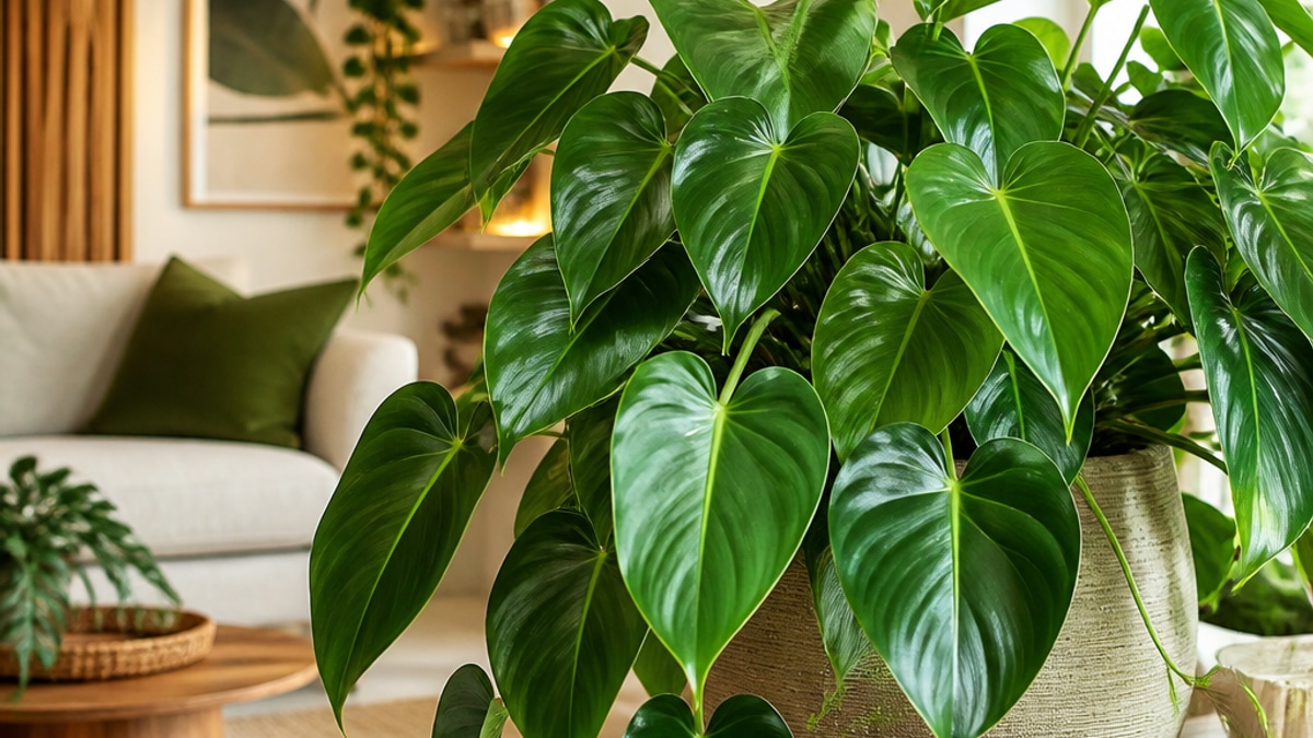 Filodendro com folhagem verde em um espaço bem decorado e iluminado, em orientação horizontal.
