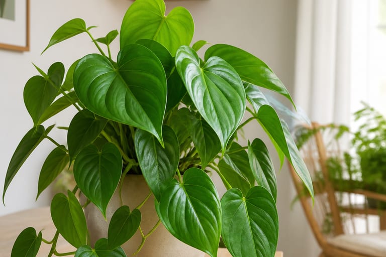 Filodendro com folhas verdes saudáveis em um espaço interno recebendo luz indireta.