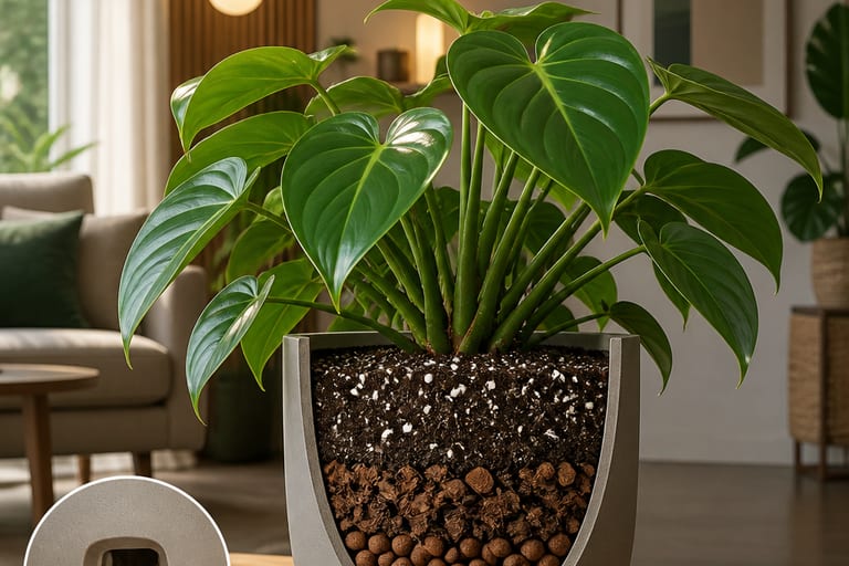 Filodendro em vaso com substrato e drenagem, em ambiente interno bem decorado, orientação horizontal.