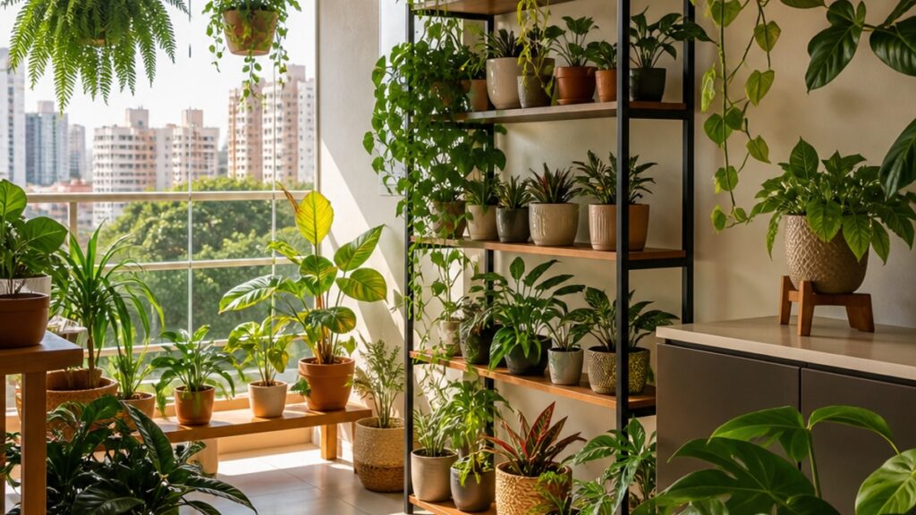 Ambiente interno de cultivo de plantas em apartamento, com diversos vasos de plantas em um espaço bem iluminado e organizado.