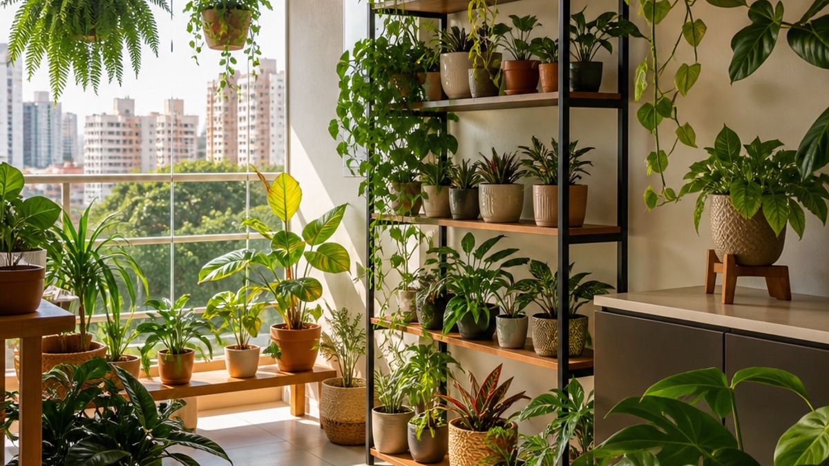 Ambiente interno de cultivo de plantas em apartamento, com diversos vasos de plantas em um espaço bem iluminado e organizado.