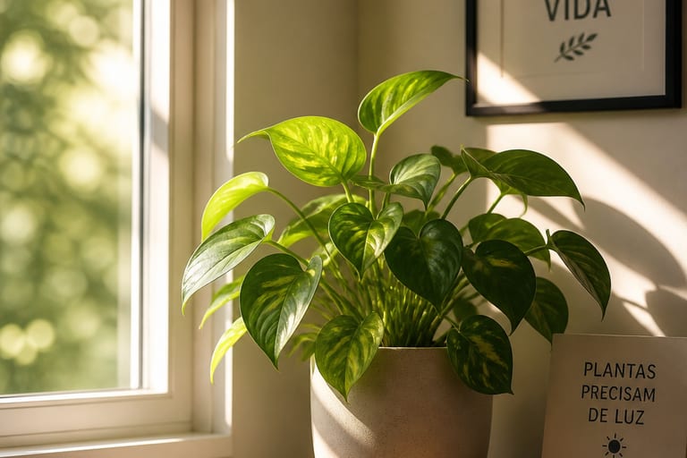 Planta verde recebendo luz suave em ambiente interno, com folhas iluminadas.