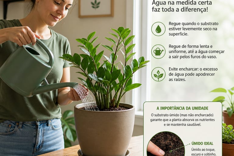 Pessoa regando planta em vaso, ilustrando a importância da umidade no substrato.