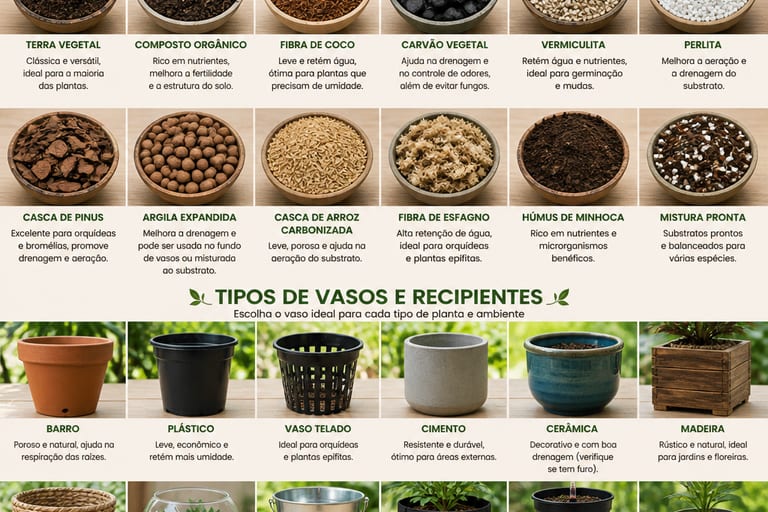 Imagem mostrando diferentes tipos de substratos e vasos para cultivo de plantas.