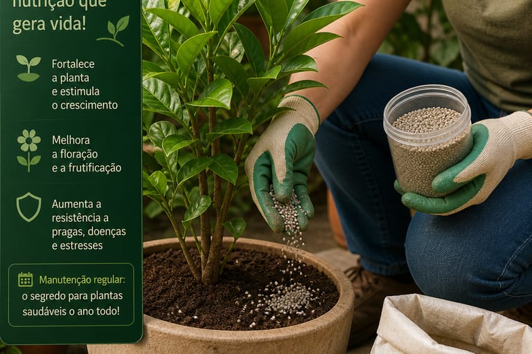 Pessoa usando fertilizante em uma planta para adubação.