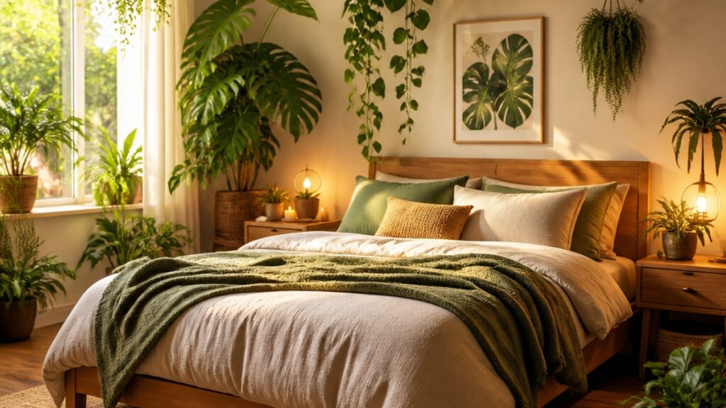 Quarto decorado com várias plantas, apresentando um ambiente iluminado e acolhedor.