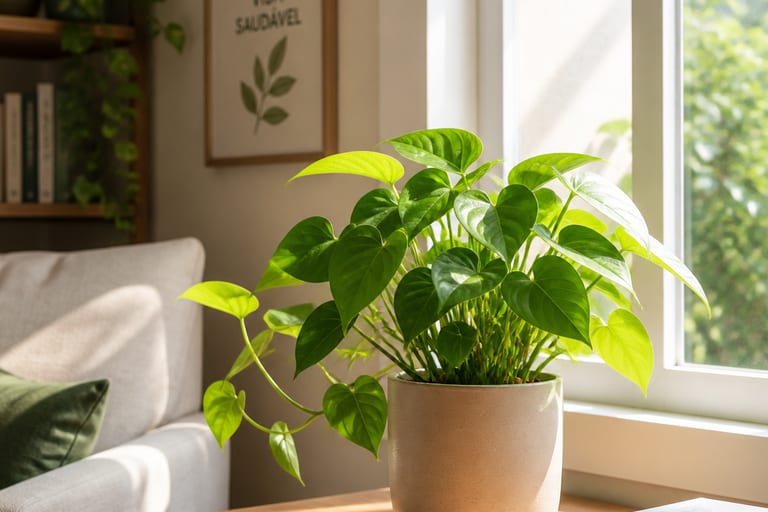 Planta recebendo luz natural em um ambiente interno, destacando a iluminação adequada para o crescimento.