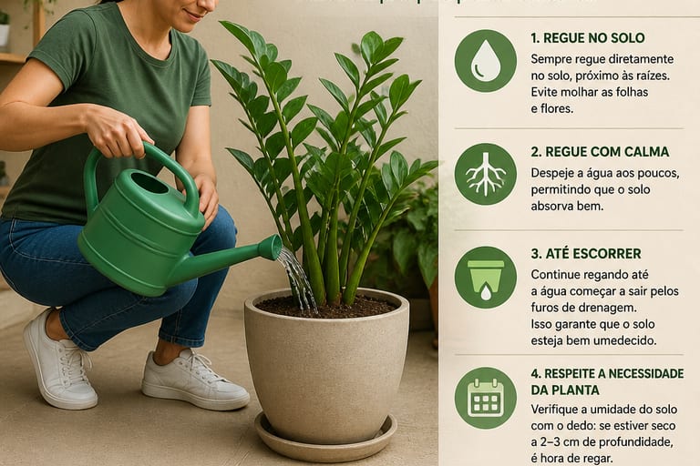 Pessoa regando uma planta com uma técnica adequada de irrigação.