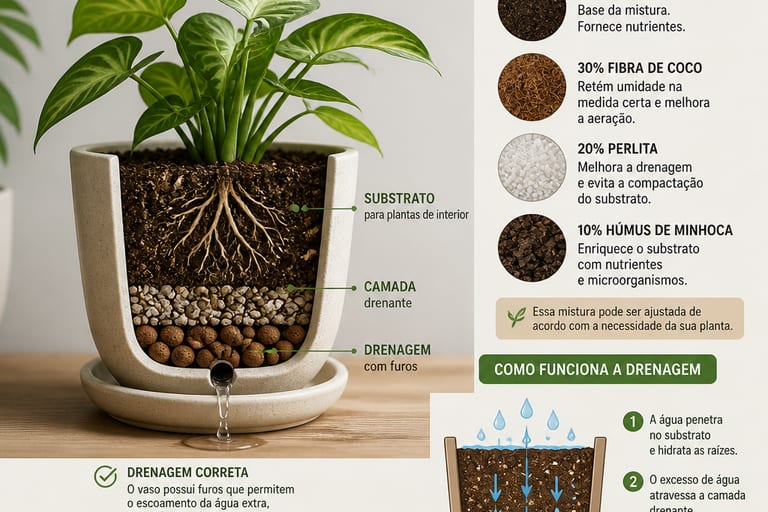 Vaso para plantas de interior com substrato misturado e sistema de drenagem visível.