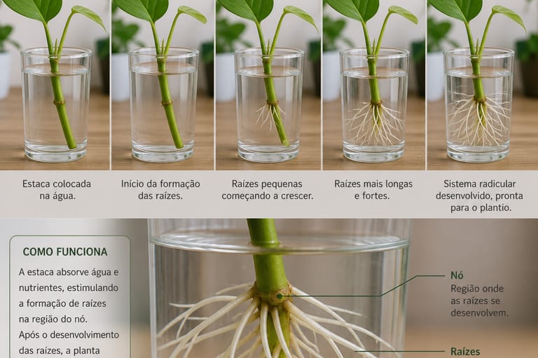 Estacas de plantas em água com raízes se formando durante o processo de propagação.