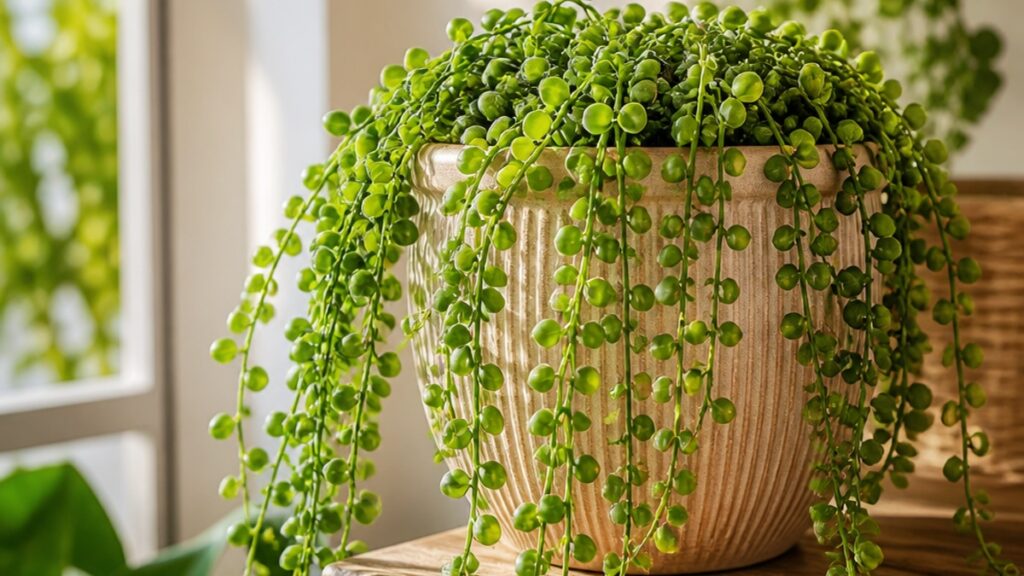 Planta rosário com folhas pendentes em um vaso decorativo, em ambiente iluminado.
