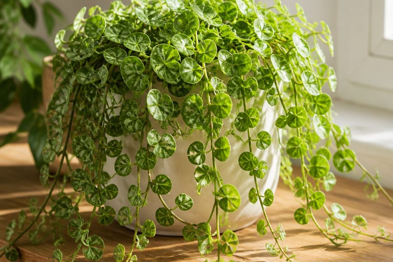 Planta rosário com folhas verdes saudáveis recebendo luz indireta em ambiente iluminado.