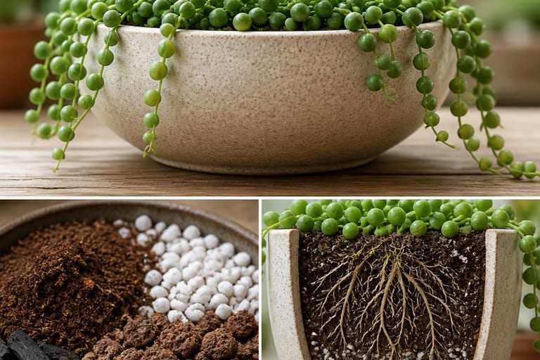 Vaso horizontal com planta rosário, mostrando substrato drenado e raízes saudáveis.
