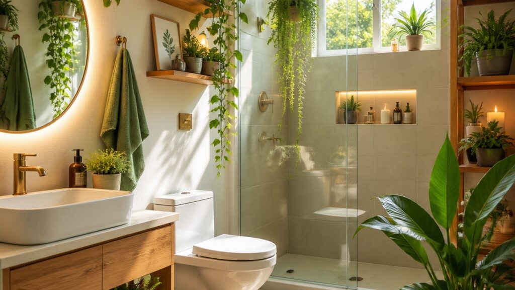 Banheiro decorado com várias plantas verdes em vasos e prateleiras, com boa iluminação.