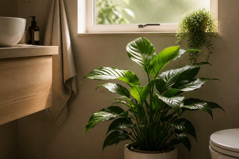 Planta recebendo luz indireta em um banheiro, com janela ao fundo iluminando as folhas verdes.