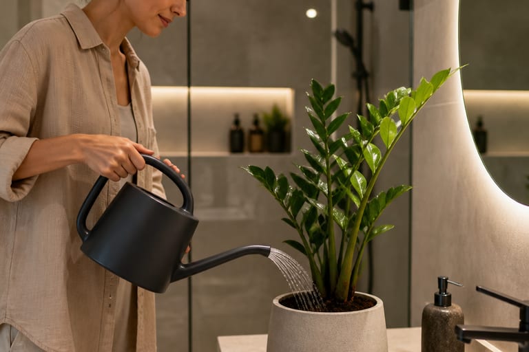 Pessoa regando uma planta em um banheiro com um regador moderno.