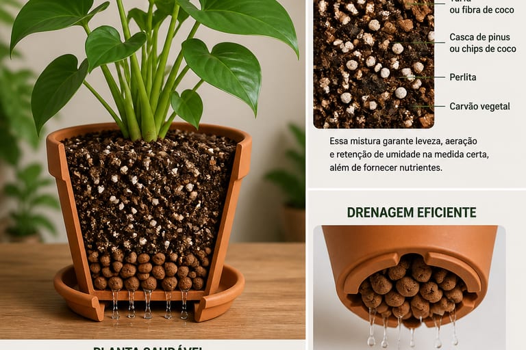 Vaso de planta saudável com substrato leve e arejado, mostrando boa drenagem.