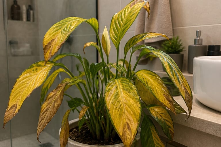 Planta com folhas amareladas em um banheiro, mostrando sinais de estresse.