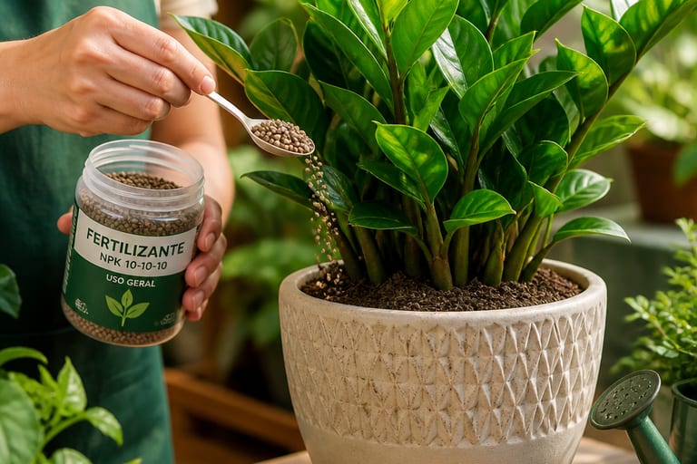 Pessoa aplicando fertilizante em uma planta saudável em vaso.