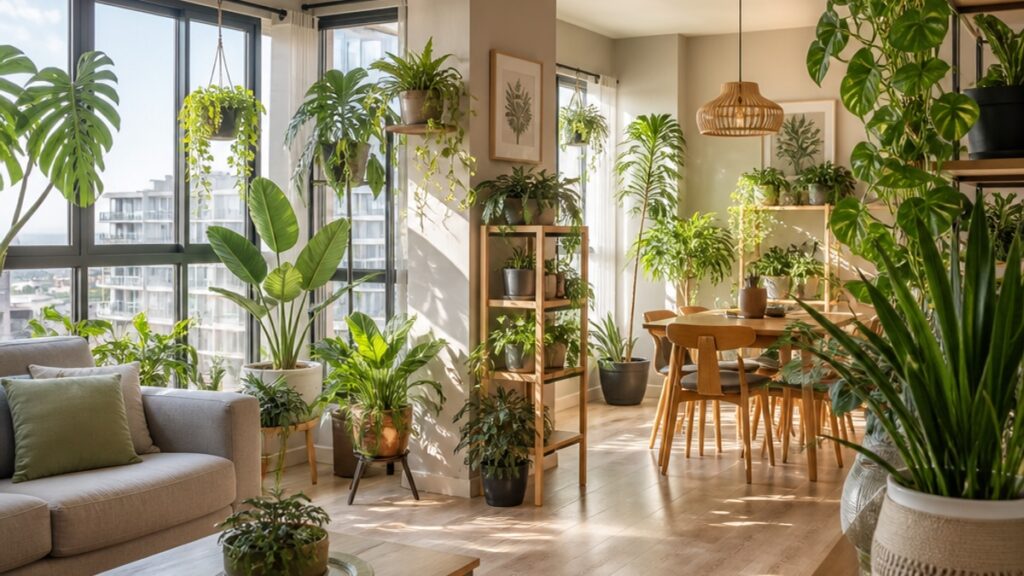 Cena ampla de um apartamento com várias plantas de interior bem cuidadas, em um ambiente iluminado e organizado.