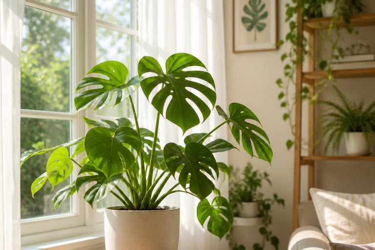 Planta recebendo luz natural em um ambiente com janelas amplas e cortinas leves.