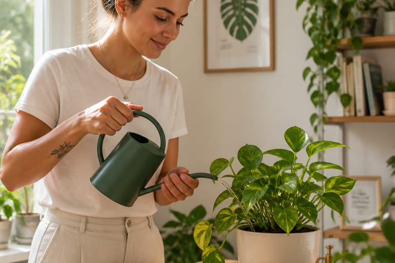 Pessoa regando uma planta com um regador de bico fino em um ambiente interno bem iluminado.
