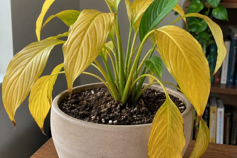 Planta com folhas amareladas em ambiente interno, mostrando o solo e a planta em orientação horizontal.