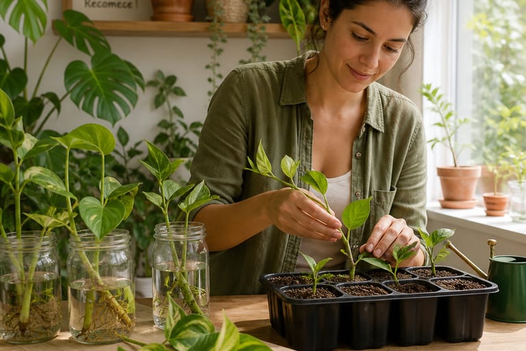 Pessoa fazendo mudas de plantas em um ambiente interno bem iluminado, com estacas em água e solo.