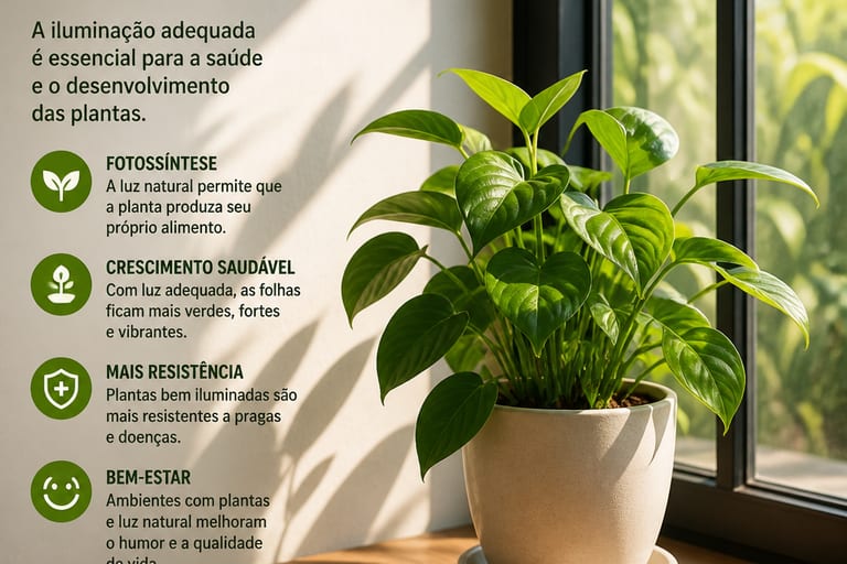 Planta verde recebendo luz natural em ambiente interno.