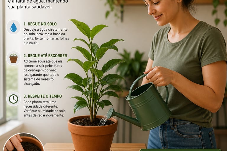 Imagem de uma planta sendo regada com um regador, ilustrando a técnica correta de rega.