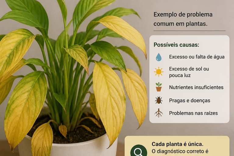 Imagem de uma planta com folhas amareladas, indicando problemas de saúde.