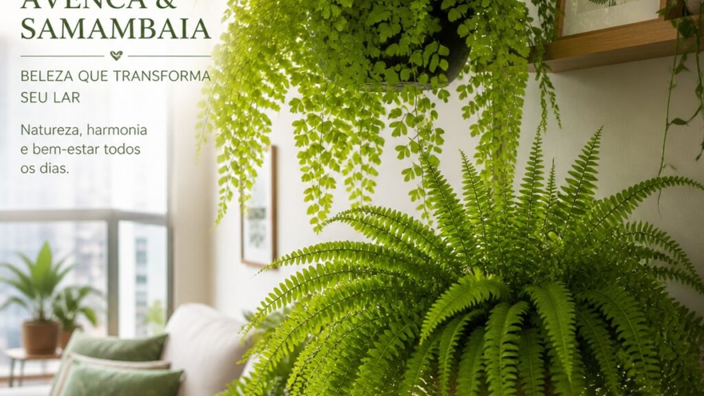 Imagem de avenca e samambaia em ambiente iluminado, destacando suas folhas verdes.