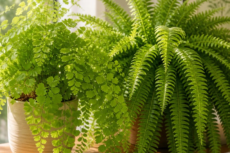 Avenca e samambaia em ambiente bem iluminado, destacando suas folhas verdes e saudáveis.