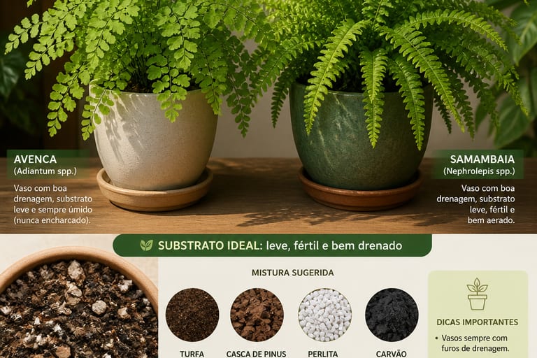 Vasos com avenca e samambaia em substrato bem drenado.