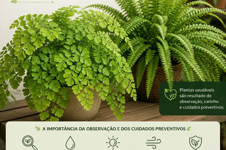 Imagem de uma avenca e uma samambaia com folhas verdes e saudáveis, destacando a importância dos cuidados preventivos.