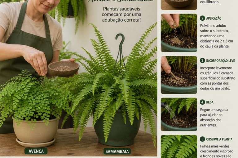 Imagem mostrando a técnica de adubação de avenca e samambaia.