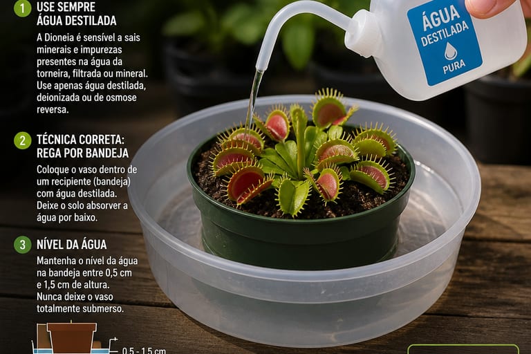Imagem mostrando a rega da planta Dioneia com água destilada.