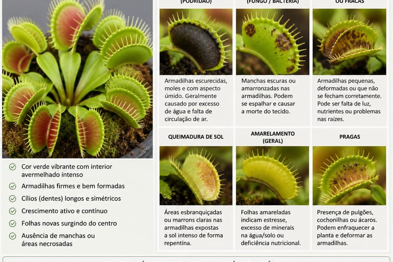 Imagem comparativa das folhas da Dioneia, mostrando uma parte saudável e outra doente.